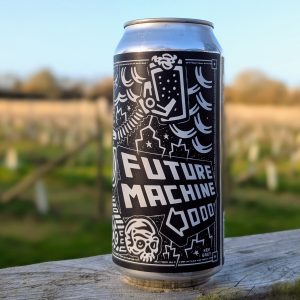 A close up of Black Iris can with a vineyard back drop